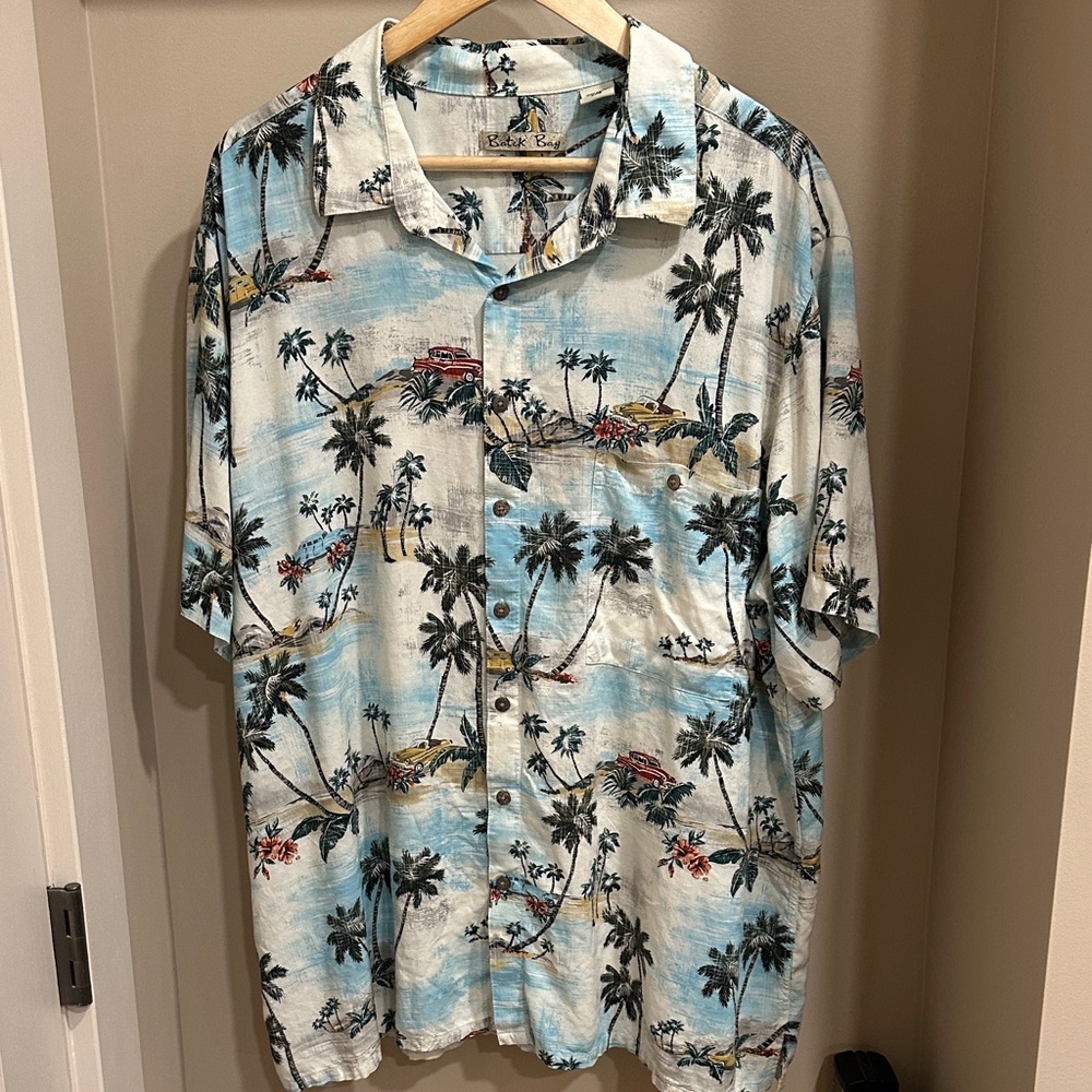 Tropical Palm Print Men's Shirt - Blue and Cream